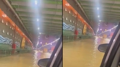The road appeared to be submerged in the video. (Screengrab/X/@BrijendraSpeaks)