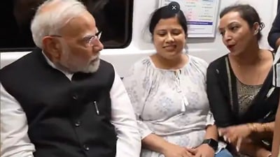 Prime Minister Narendra Modi on Saturday travelled by Delhi Metro to reach Shri Ram College of Commerce (SRCC).