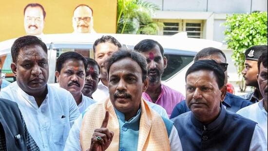 BJP national general secretary and Uttar Pradesh state incharge Vinod Tawde speaks to the media at the party office in Lucknow on Saturday. (ANI PHOTO)