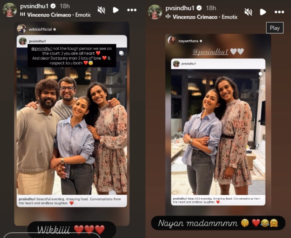 Vignesh Shivan and Nayanthara's posts for PV Sindhu. Vignesh Shivan and Nayanthara's posts for PV Sindhu.