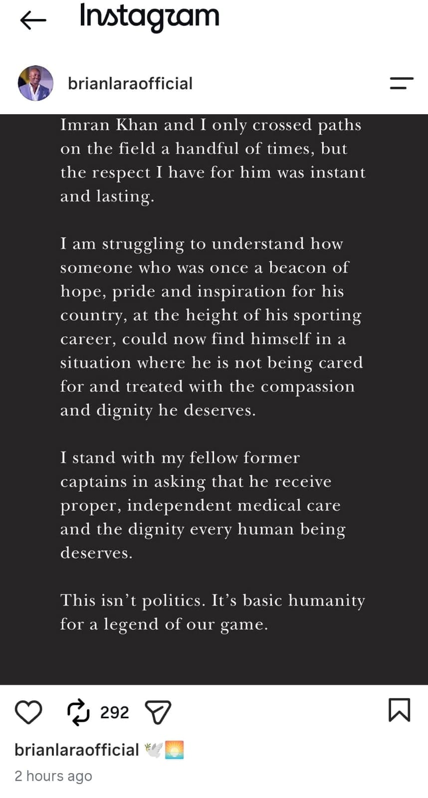 Brian Lara's post on Instagram. (Brian Lara Instagram) Brian Lara's post on Instagram. (Brian Lara Instagram)