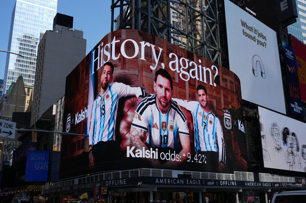 A Kalshi World Cup ad featuring Argentine soccer star Lionel Messi and teammates at Times Square. A Kalshi World Cup ad featuring Argentine soccer star Lionel Messi and teammates at Times Square.