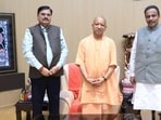Chief minister Yogi Adityanath during a meeting with BJP UP in-charge Vinod Tawde and co-in-charge Jagdish Patel on Sunday.