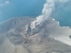 A drone view shows Mount Anak Krakatau volcano spewing hot ash during an eruption, in South Lampung, Lampung province, Indonesia, September 5, 2026. 