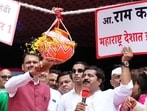 Mumbai, Sept 05 (ANI): Maharashtra Chief Minister Devendra Fadnavis celebrates the'Dahi Handi Utsav 2026' (West) organised by MLA Ram Kadam at Ghatkopar, in Mumbai on Saturday. (@Dev_Fadnavis X/ANI Photo) (@Dev_Fadnavis X)