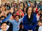 The author at a Jaipur Literary Festival School Outreach teaching session