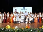 UT administrator Gulab Chand Kataria with the honoured teachers during an event in Chandigarh on Saturday.