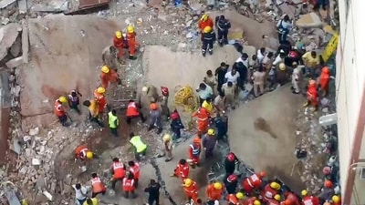 Drone view of the building collapse site in Satya Niketan of Delhi's South-West district, in New Delhi on Sunday. Rescue operations underway (ANI Video Grab)