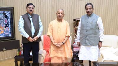 Chief minister Yogi Adityanath during a meeting with BJP UP in-charge Vinod Tawde and co-in-charge Jagdish Patel on Sunday.