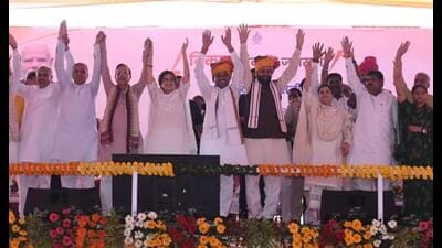 Haryana chief minister Nayab Singh Saini during a Vikas Sankalp Jansabha in Bhiwani on Sunday.