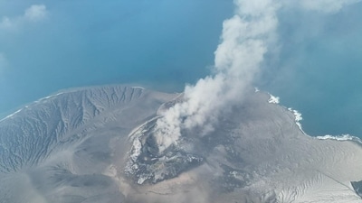 A drone view shows Mount Anak Krakatau volcano spewing hot ash during an eruption, in South Lampung, Lampung province, Indonesia, September 5, 2026. (via REUTERS)