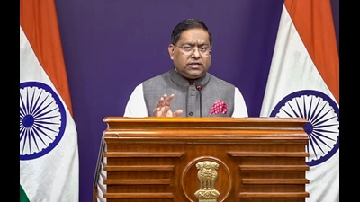 Ministry of External Affairs (MEA) Official Spokesperson Randhir Jaiswal addresses a press briefing at Jawahar Lal Nehru Bhawan in New Delhi. (PTI File)