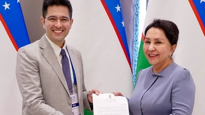 Raghav Chadha meets Chairperson of the Senate of the Oliy Majlis of Uzbekistan Tanzila Narbaeva. (@raghav_chadha)
