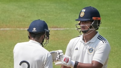 East Zone's Vaibhav Sooryavanshi, right, and Abhimanyu Easwaran greet each other between the wickets on day one of the Duleep Trophy 2026-27 final East Zone's Vaibhav Sooryavanshi, right, and Abhimanyu Easwaran greet each other between the wickets on day one of the Duleep Trophy 2026-27 final