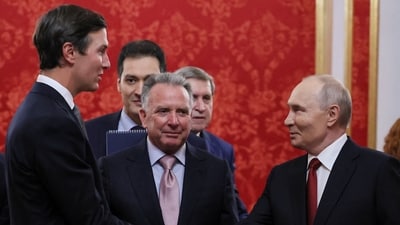 Russian President Vladimir Putin shakes hands with Jared Kushner, U.S. President Donald Trump's son-in-law, as U.S. Special Envoy Steve Witkoff stands nearby during a meeting at the Kremlin in Moscow, Russia, (via REUTERS)