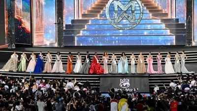 The top 20 contestants stood hand in hand, wearing glamorous gowns as they waited for the results. (AFP) The top 20 contestants stood hand in hand, wearing glamorous gowns as they waited for the results. (AFP)
