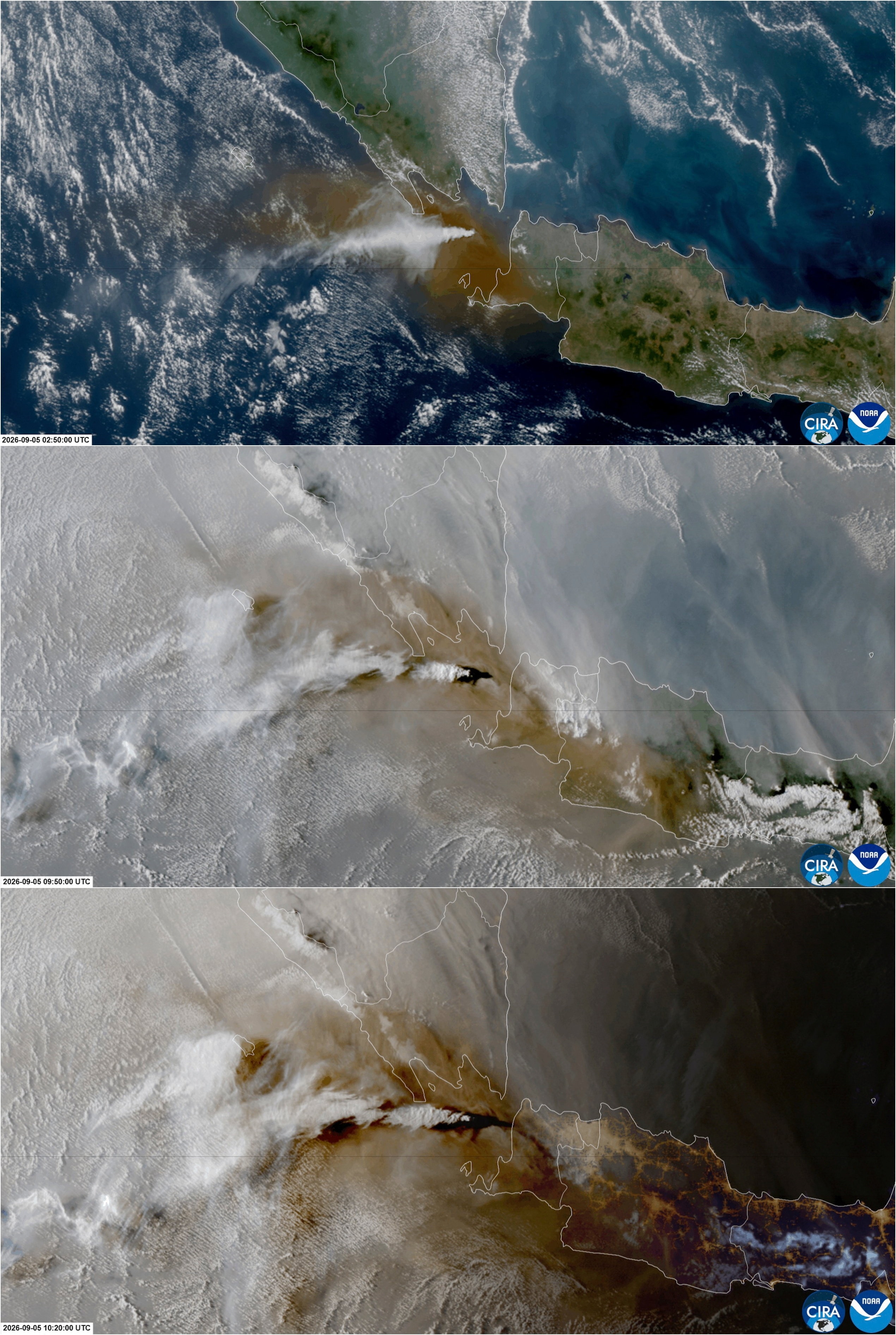 A combination image shows satellite view of a volcanic eruption at Mount Anak Krakatau, Indonesia, September 5, 2026, in this screengrab obtained from a timelass satellite video. CSU/CIRA & JMA/JAXA/Handout via REUTERS    THIS IMAGE HAS BEEN SUPPLIED BY A THIRD PARTY. MANDATORY CREDIT. WATERMARK AND OVERLAY FROM SOURCE. (via REUTERS)
