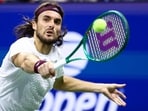 Greece's Stefanos Tsitsipas hits a backhand during his match against USA's Ben Shelton. (AFP)