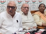Leader of Opposition Bhupinder Singh Hooda addressing mediapersons in Rohtak on Sunday . (Manoj Dhaka/HT)