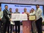 Mayor Sushma Kharkwal and municipal commissioner Gaurav Kumar receive the Clean Air Survey 2026 awards in New Delhi on Monday. (Sourced)