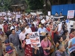 Punekars from across the city gathered at Balgandharva Chowk carrying placards against high-volume DJs and loudspeaker systems. (MAHENDRA KOHLE/ HT)
