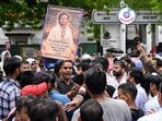 Supporters of Hindutva influencer Swatantra Bhardwaj stage a protest outside Parliament Street police station on Saturday.