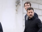 Steve Witkoff, US special envoy to the Middle East, left, Volodymyr Zelenskyy, Ukraine's president, right, and Jared Kushner, founder and chief executive of Affinity Partners LLC, arrive for talks in Kyiv, Ukraine, on Sunday, Aug. 6, 2026.(Bloomberg)