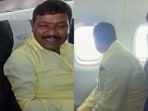 Man helps passenger enjoy his first flight.