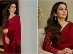 Nita Ambani attended Abu Jani and Sandeep Khosla's 40th anniversary in a deep crimson saree.