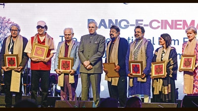 Jammu and Kashmir Chief Minister Omar Abdullah with Bollywood directors and filmmakers during the opening ceremony of the International Film Festival in Srinagar on Monday. (PTI) Jammu and Kashmir Chief Minister Omar Abdullah with Bollywood directors and filmmakers during the opening ceremony of the International Film Festival in Srinagar on Monday. (PTI)
