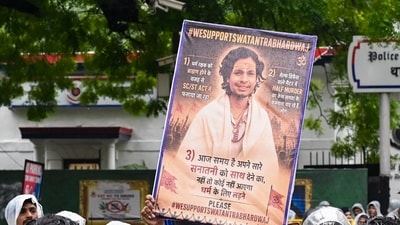 Bhardwaj allegedly beat and injured a man during the students’ protest led by the Cockroach Janta Party at Jantar Mantar in June. (PTI) Bhardwaj allegedly beat and injured a man during the students’ protest led by the Cockroach Janta Party at Jantar Mantar in June. (PTI)