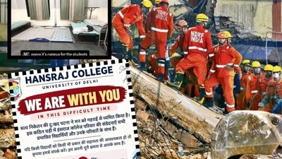 As National Disaster Response Force (NDRF) personnel continue rescue work on sight to look for survivors after the building collapse, various colleges across the varsity have opened their gates to provide food, shelter to those who have had to evacuate their PG accommodations overnight. (Photo: Francis Mascarenhas/REUTERS and Instagram) As National Disaster Response Force (NDRF) personnel continue rescue work on sight to look for survivors after the building collapse, various colleges across the varsity have opened their gates to provide food, shelter to those who have had to evacuate their PG accommodations overnight. (Photo: Francis Mascarenhas/REUTERS and Instagram)