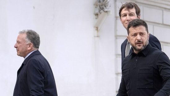 Steve Witkoff, US special envoy to the Middle East, left, Volodymyr Zelenskyy, Ukraine's president, right, and Jared Kushner, founder and chief executive of Affinity Partners LLC, arrive for talks in Kyiv, Ukraine, on Sunday, Aug. 6, 2026.