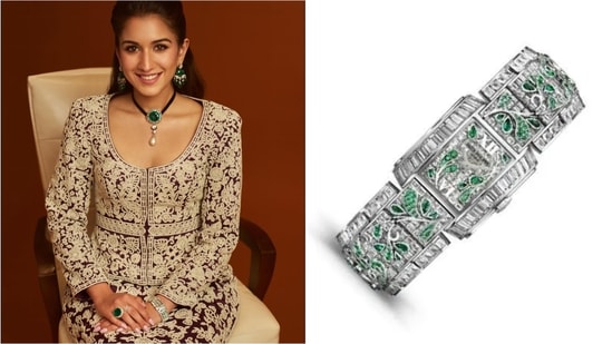 Radhika Merchant wears an extraordinary Patek Philippe timepiece, crafted in 18K white gold.
