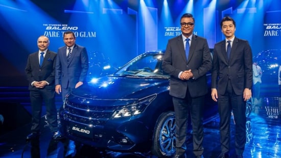 L to R: Mr. Sandeep Raina, Executive Officer, Product Planning, Mr. Bhuvan Dheer, Executive Officer, Marketing & Sales, Mr. Partho Banerjee, Senior Executive Officer, Marketing & Sales, Mr. Tsuyoshi Takeshita, Executive Officer, Marketing & Sales, Maruti Suzuki India Limited at the launch of the Stunning New Baleno.