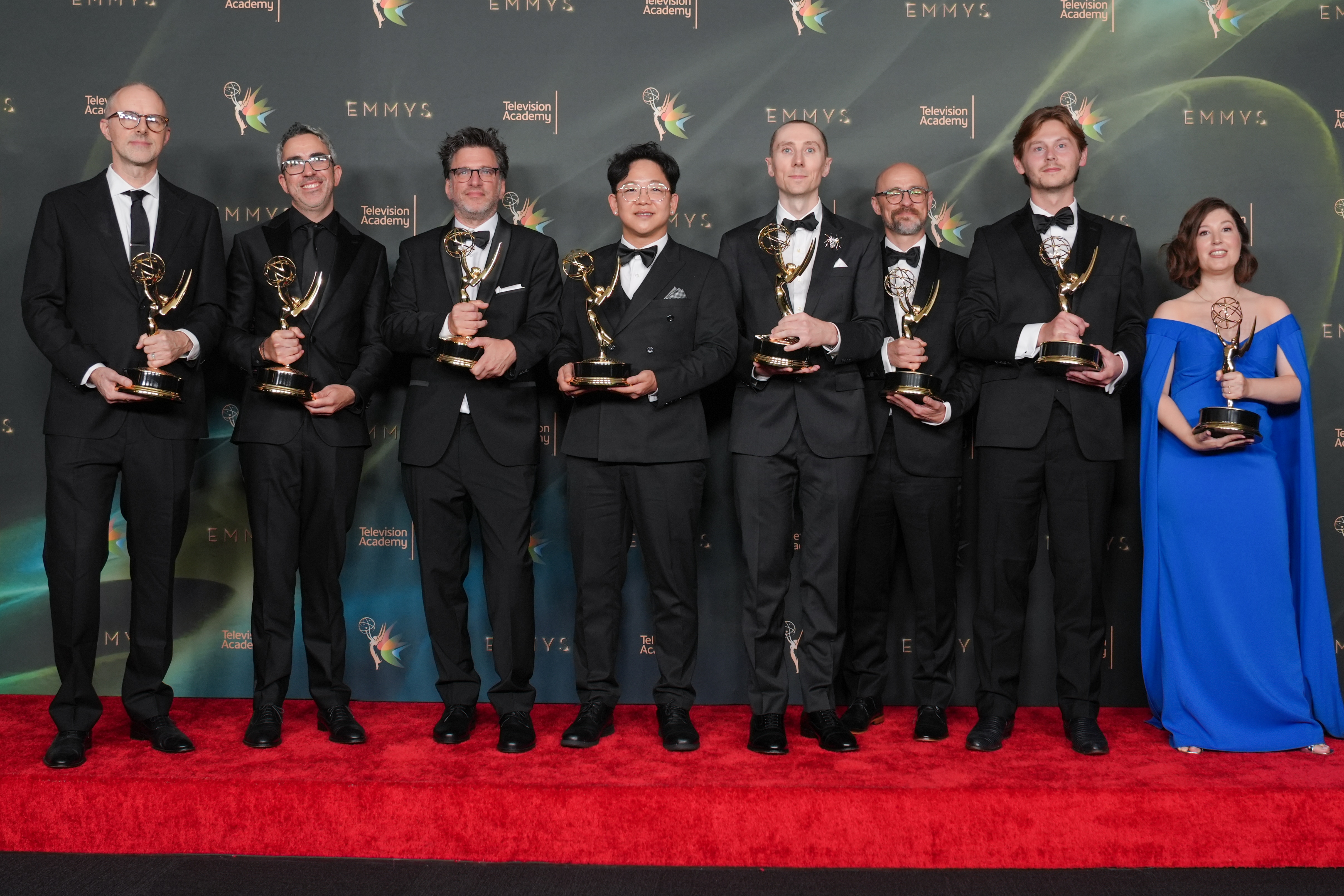 The team from "Spider-Noir" poses in the press room with the award for outstanding title design during night two of the Creative Arts Emmy Awards on Sunday, Sept. 6, 2026, in Los Angeles. (AP Photo/Chris Pizzello) (AP Photo/Chris Pizzello)