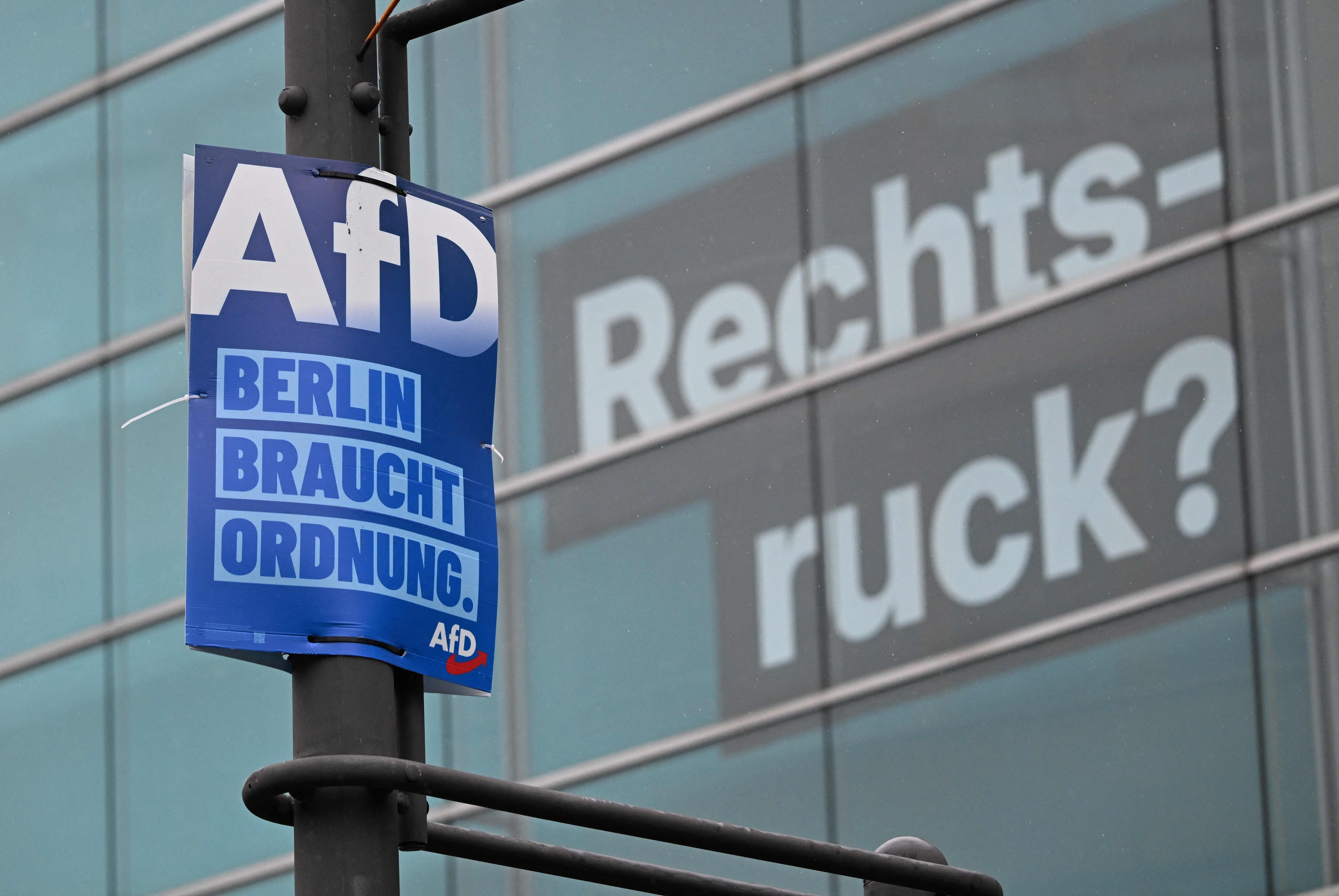 An election poster of the Alternative for Germany (AfD) party reading 'Berlin needs order' is fixed in front of the headquarters of Germany's conservative Christian Democratic Union (CDU) party, where the word 'Rechtsruck?' (Shift to the right?) is displayed on the facade of the building in Berlin on September 7, 2026, one day after regional elections in Saxony-Anhalt. (AFP) An election poster of the Alternative for Germany (AfD) party reading 'Berlin needs order' is fixed in front of the headquarters of Germany's conservative Christian Democratic Union (CDU) party, where the word 'Rechtsruck?' (Shift to the right?) is displayed on the facade of the building in Berlin on September 7, 2026, one day after regional elections in Saxony-Anhalt. (AFP)