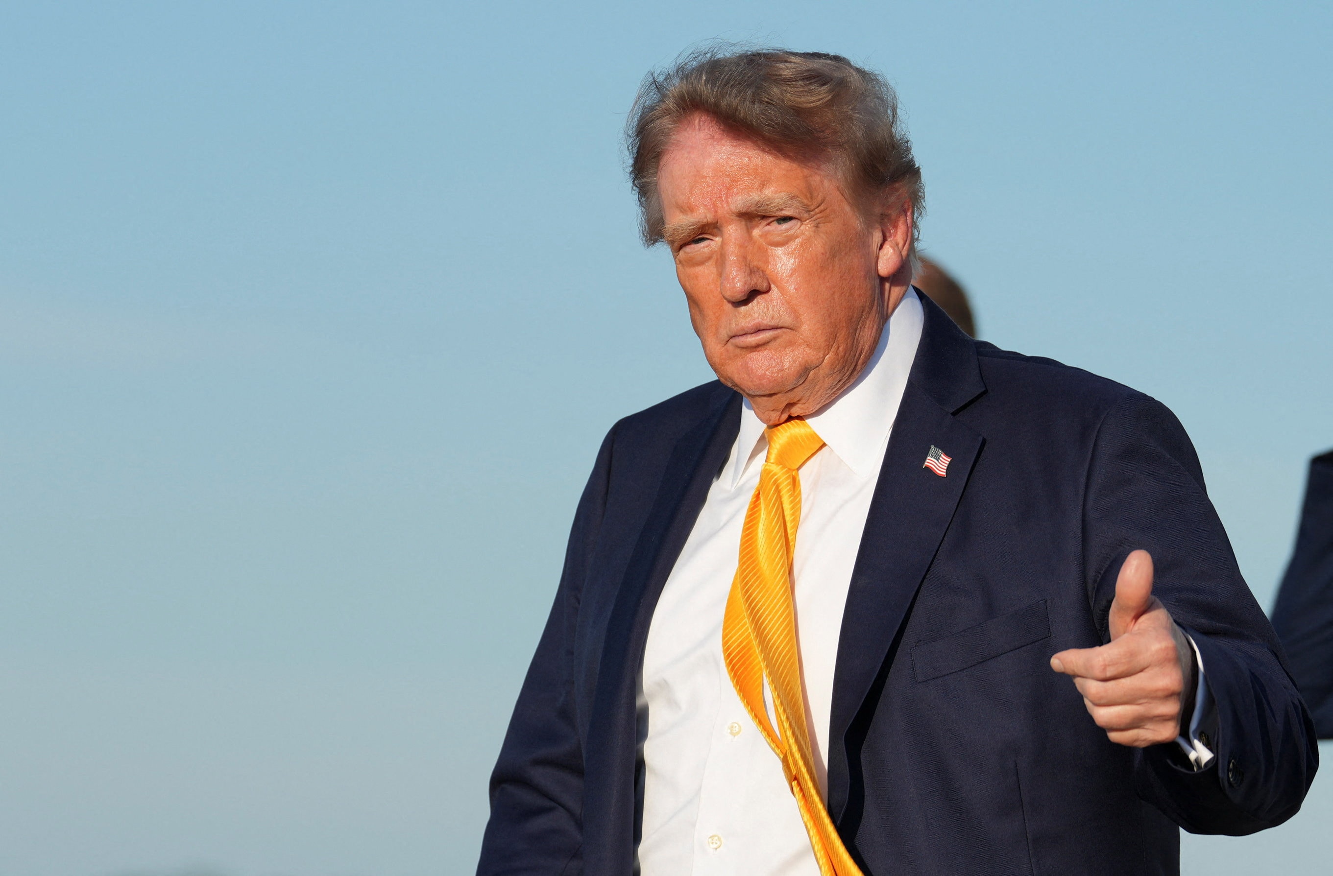 US President Donald Trump gives a thumbs up after exiting Air Force One at Morristown Municipal Airport, New Jersey, US, September 4, 2026. (REUTERS)