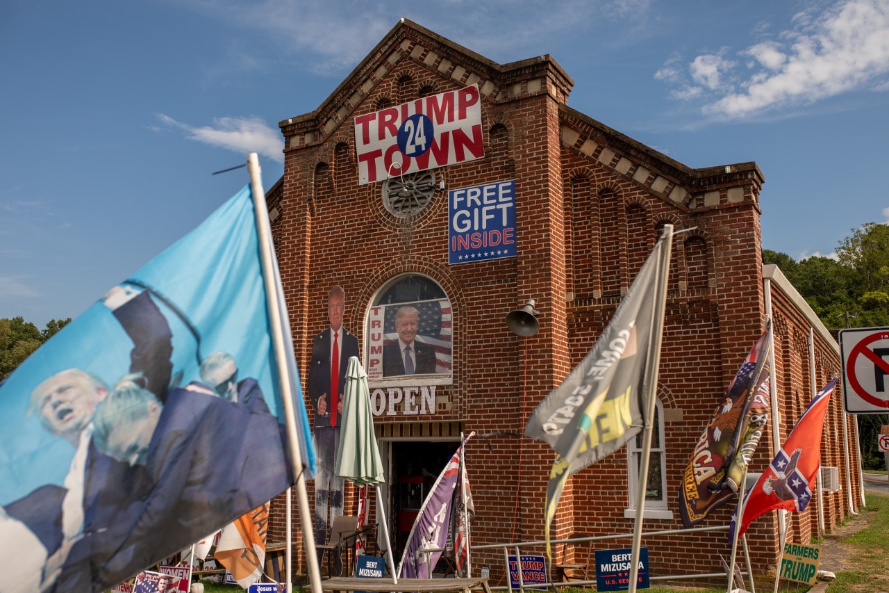 Flags, yard signs and more decorate the outside of Trump Town USA, which is located in a former church. Flags, yard signs and more decorate the outside of Trump Town USA, which is located in a former church.