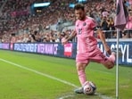Inter Miami CF forward Lionel Messi (10) shoots a corner kick against Atlanta United during the first half at Nu Stadium