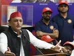 SP chief Akhilesh Yadav address Chhatra Sabha members in Lucknow on Tuesday. The party also introduced a new uniform for the student wing members — a navy blue T-shirt paired with light blue jeans. (HT)