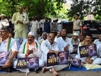 Senior Bihar Congress leader Anand Madhab, along with other Congress leaders and workers, stage a protest outside Indira Bhawan to seek a revamp in the state unit (ANI)
