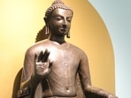 The 2.3 m Sultanganj Buddha copper statue of Gautama Buddha, currently at the Birmingham Museum and Art Gallery in the United Kingdom. (HT PHOTO)
