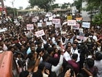 The protest march “Aakrosh Morcha” began from Omkareshwar Temple Chowk and culminated at the district collectorate. (HT PHOTO)