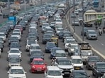 A view of traffic congestion on Delhi Meerut Expressway amid traffic restrictions and preparations ahead of the BRICS Summit.