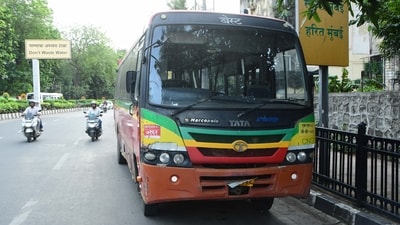 BEST Bus parked outside Worli Police station after the accident. ( Bhushan Koyande/HT Photo)