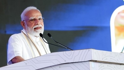 Vadodara, Sep 08 (ANI): Prime Minister Narendra Modi addresses 'NaMo for Viksit Bharat' event, in Vadodara on Tuesday. (DPR PMO/ANI Photo) (DPR PMO)