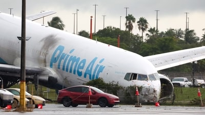 An Amazon cargo plane sits at Miami International Airport after overshooting a runway on Monday, Sept 7, 2026, in Miami. (AP Photo/ David Santiago) An Amazon cargo plane sits at Miami International Airport after overshooting a runway on Monday, Sept 7, 2026, in Miami. (AP Photo/ David Santiago)
