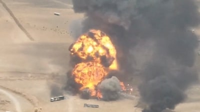 Trucks explode as they burn, during what the Houthis say was an attack targeting trucks coming from Saudi territory, at Al-Wadiah border crossing near Al-Wadiah, on the Saudi-Yemen border. (via REUTERS)