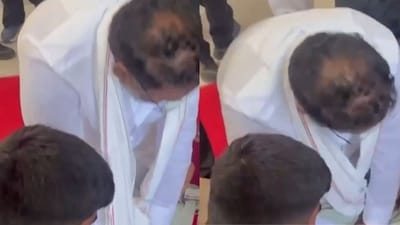 Footage of the incident captured the minister attempting to resuscitate the collapsed employee by administering CPR on the spot. (Screenshots from video (Photos Credit: @PTI_News/X))